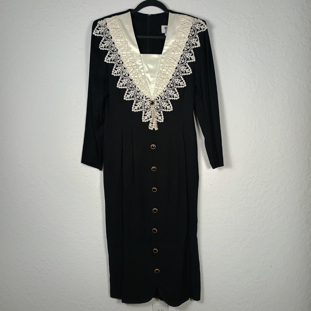 Vtg Jeffrey Dara Linda Hutley Lace Bib Collar Black Dress 8 Whimsigoth Victorian